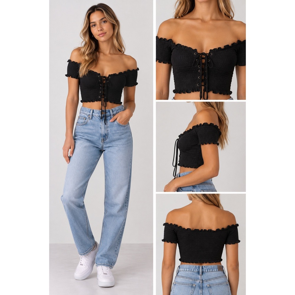 Princess Polly Black Crop Top Womens Size S Smocked Off Shoulder Lace Up Front